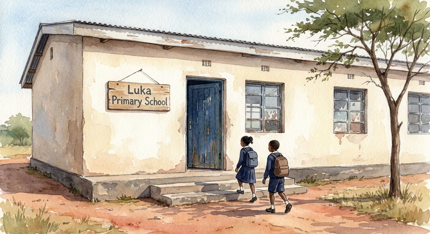 The cream-walled front entrance of Luka Primary School