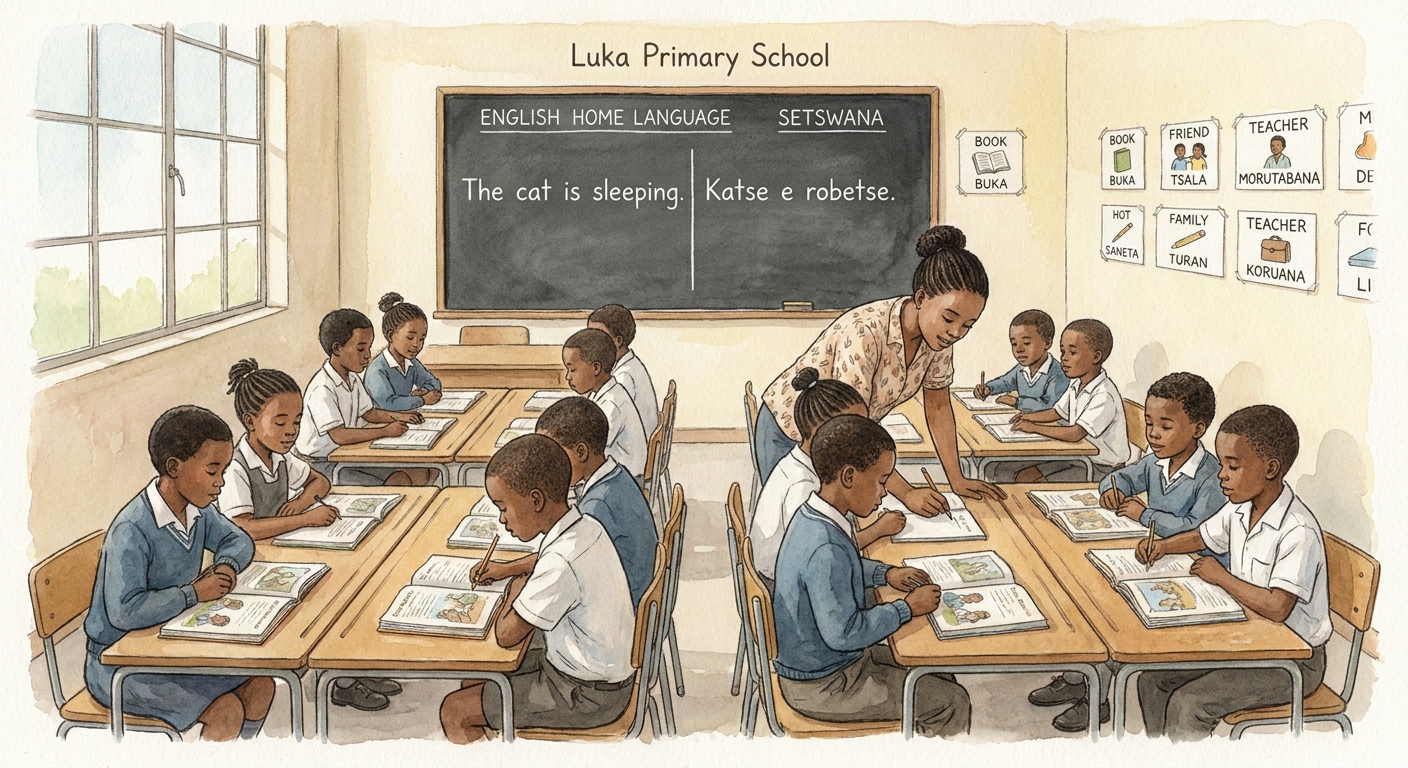 A languages lesson covering English and Setswana