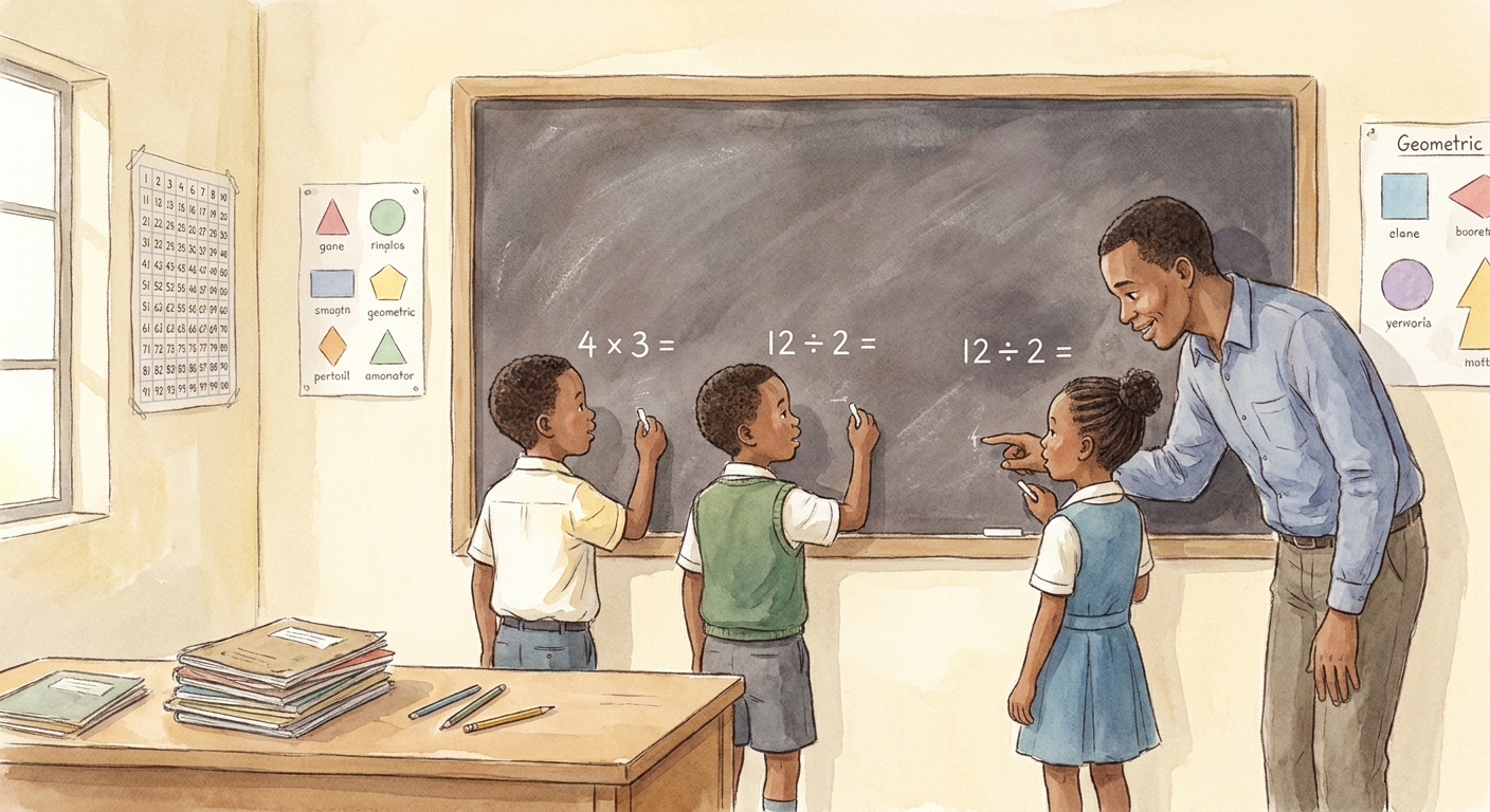 Children solving multiplication problems at the chalkboard