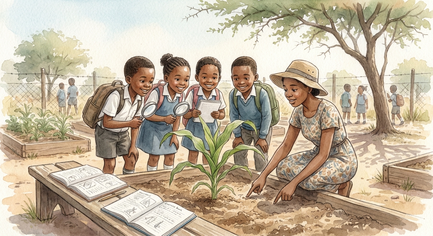 Pupils examining maize plants in the school garden