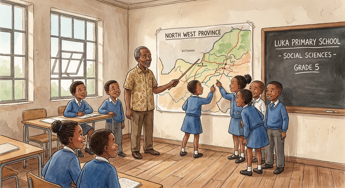 Pupils gathered around a hand-drawn map of North West