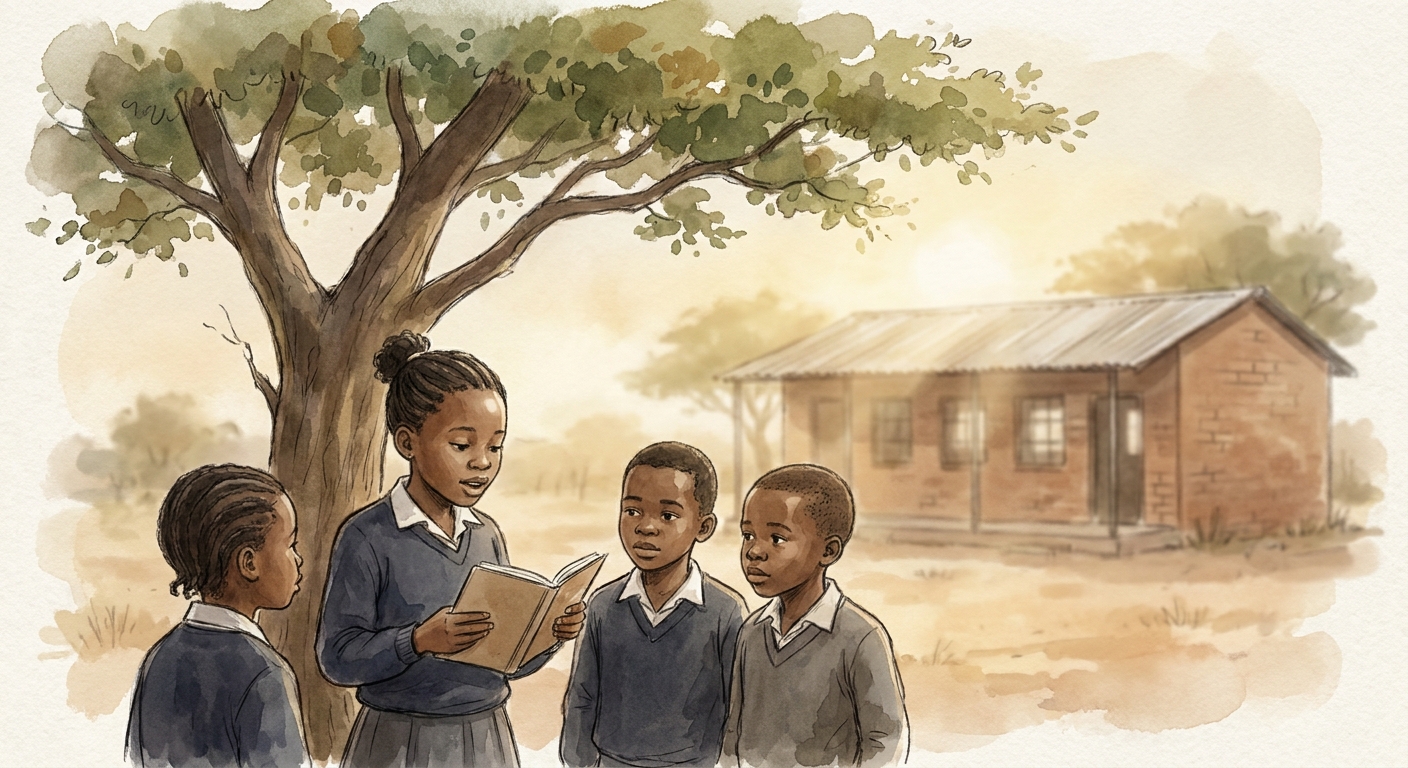 Children reading aloud under an Acacia tree at Luka Primary School
