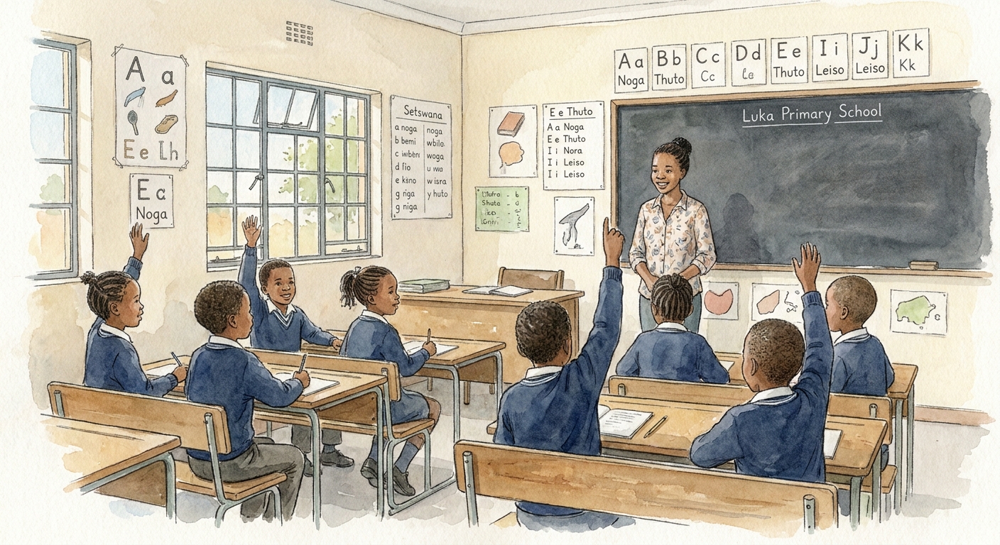 A bright Grade 4 classroom with hands raised eagerly answering a question
