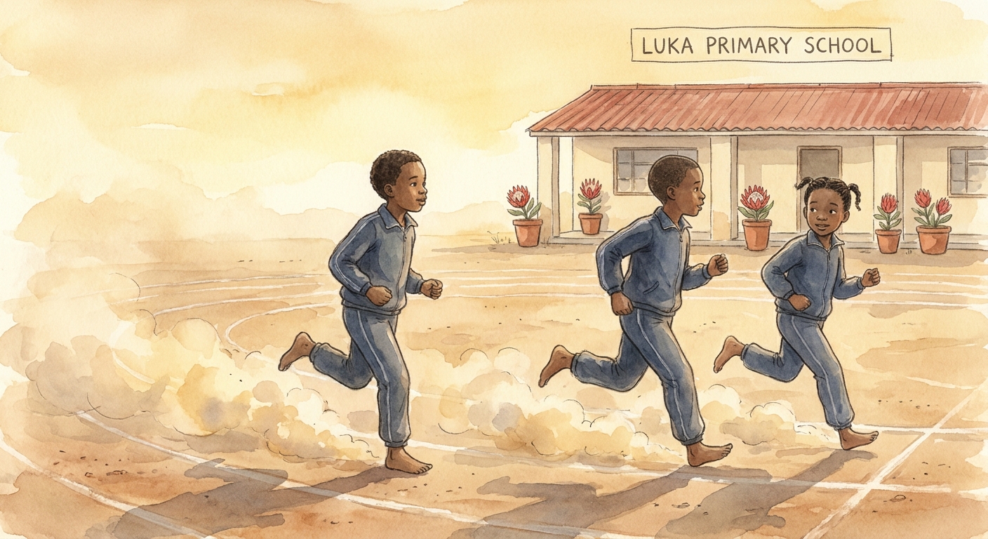 Children running on the dusty playground in the late afternoon