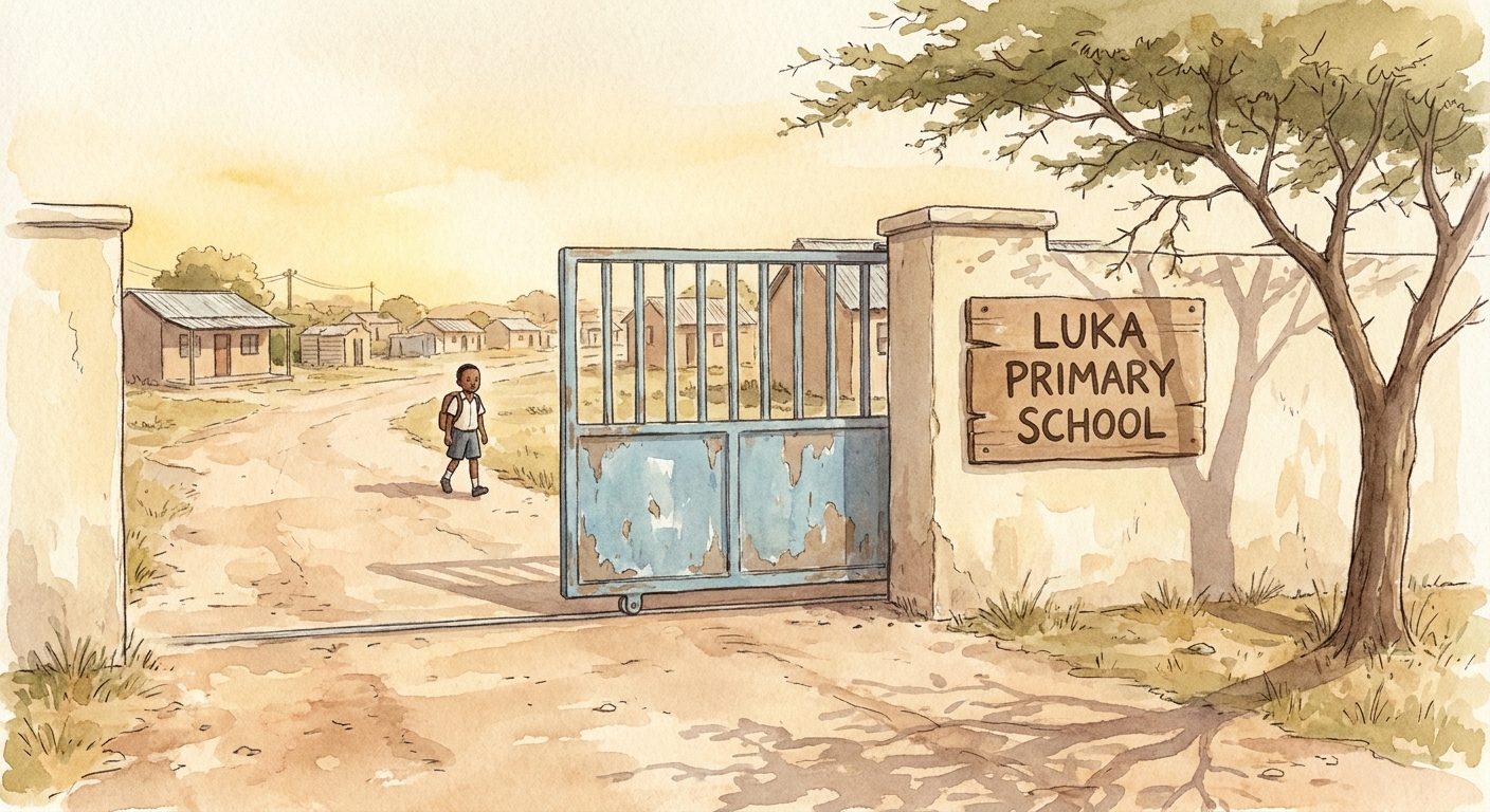 The front gate of Luka Primary School with the school sign