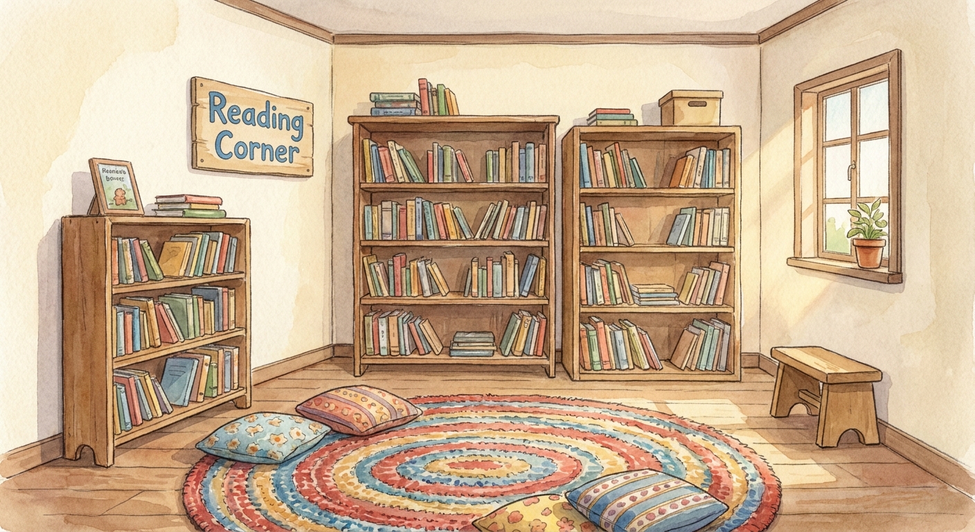 The school reading corner with cushions and bookshelves