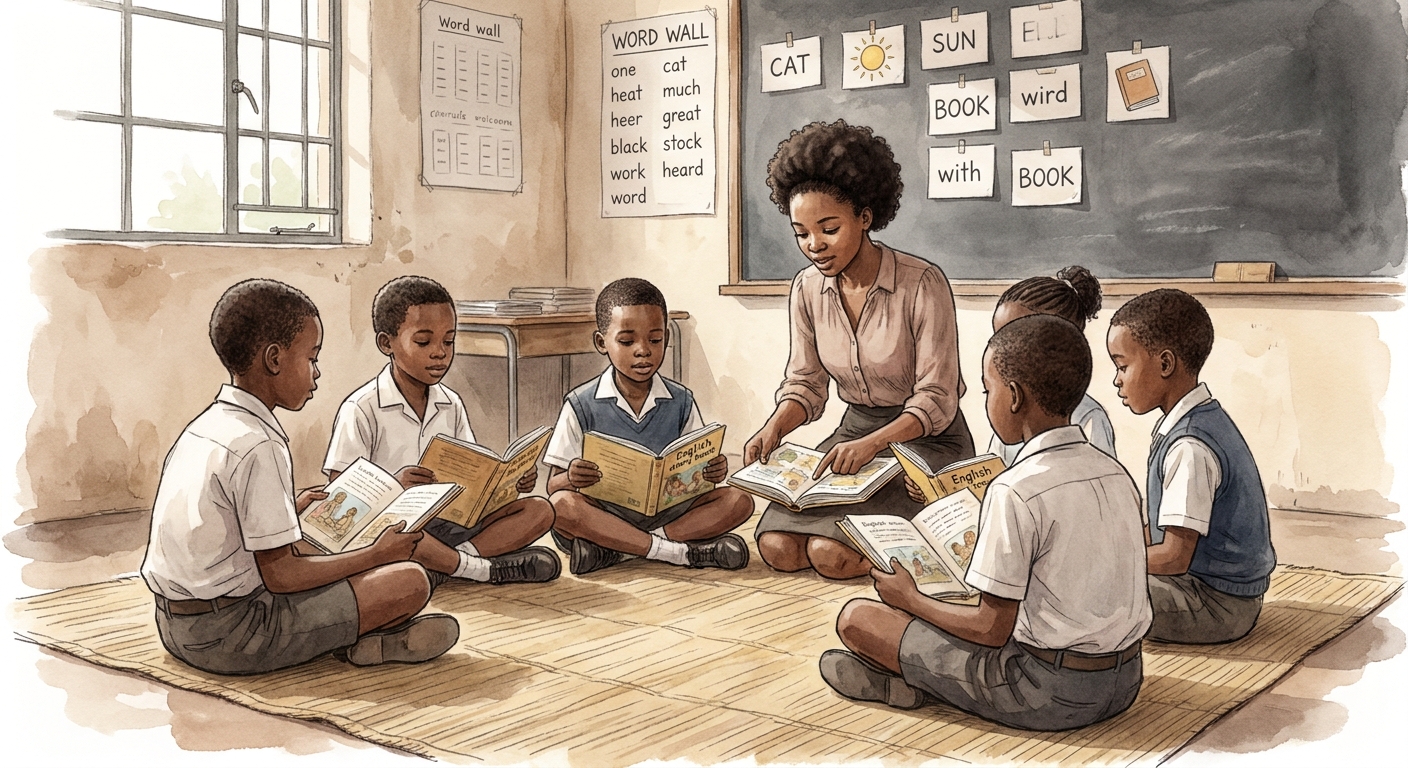 A small group reading in a circle led by their teacher