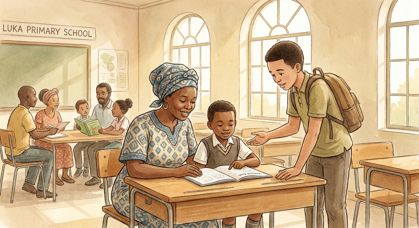 A parent and child looking at an exercise book together