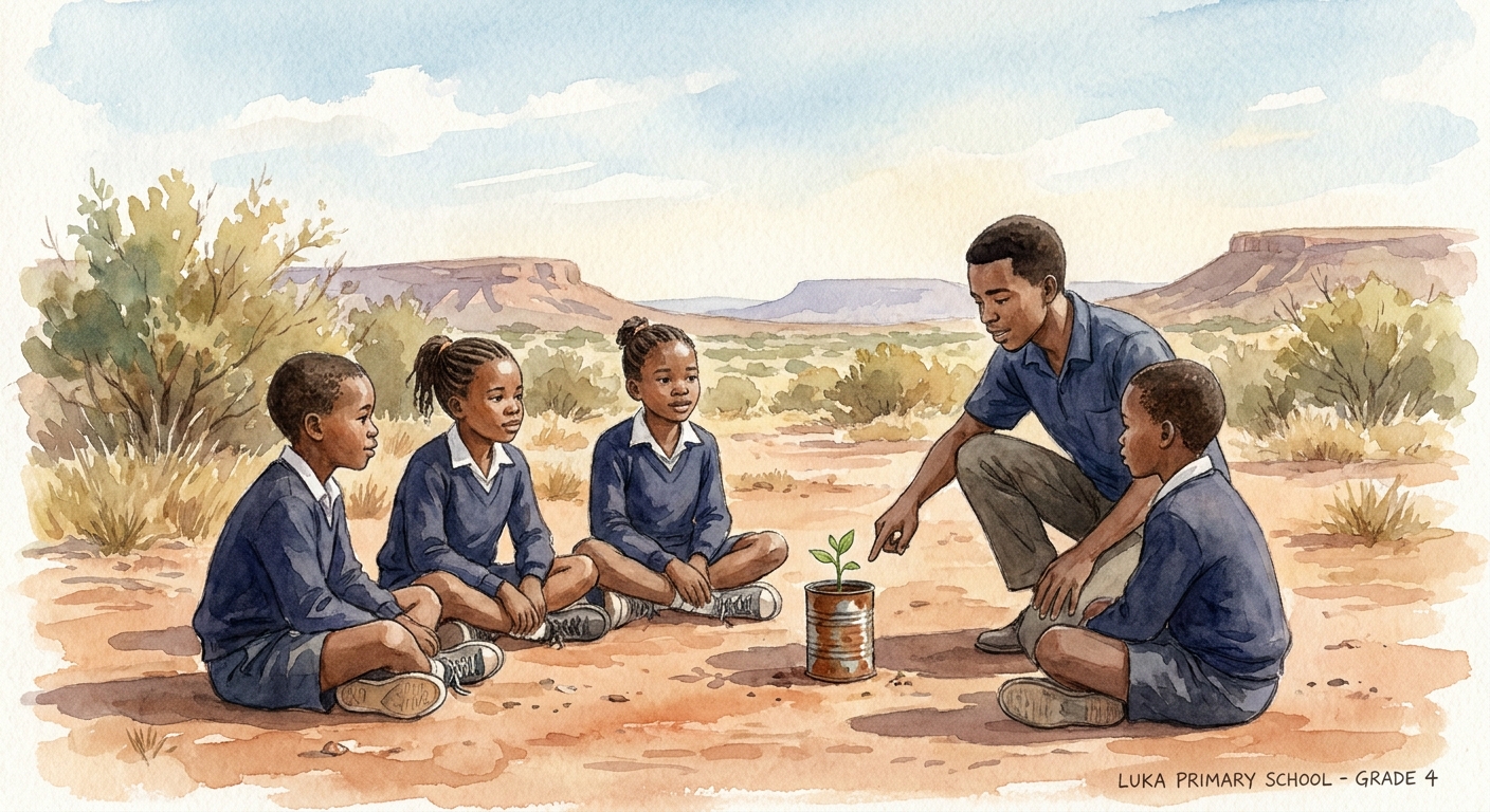 A teacher pointing to a young Acacia seedling growing in a tin