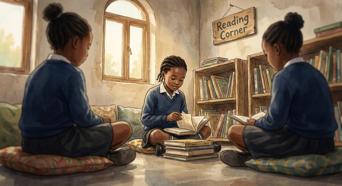 Children reading paperbacks on cushions in the library