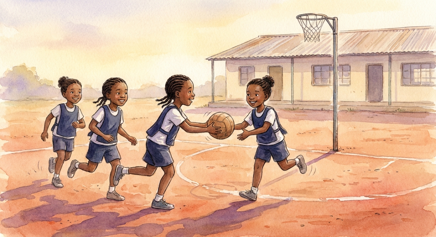 Girls practising netball on the dusty earth court