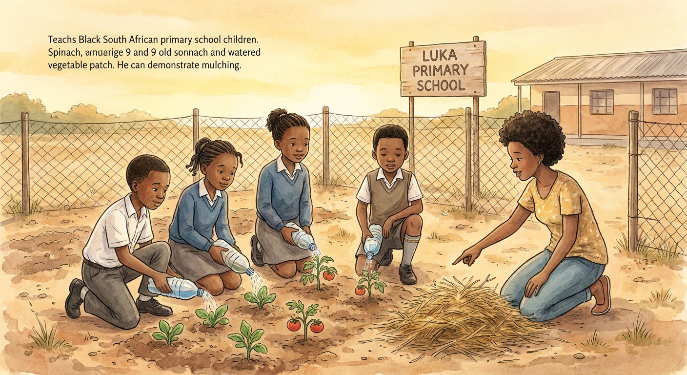 Pupils watering the school vegetable garden