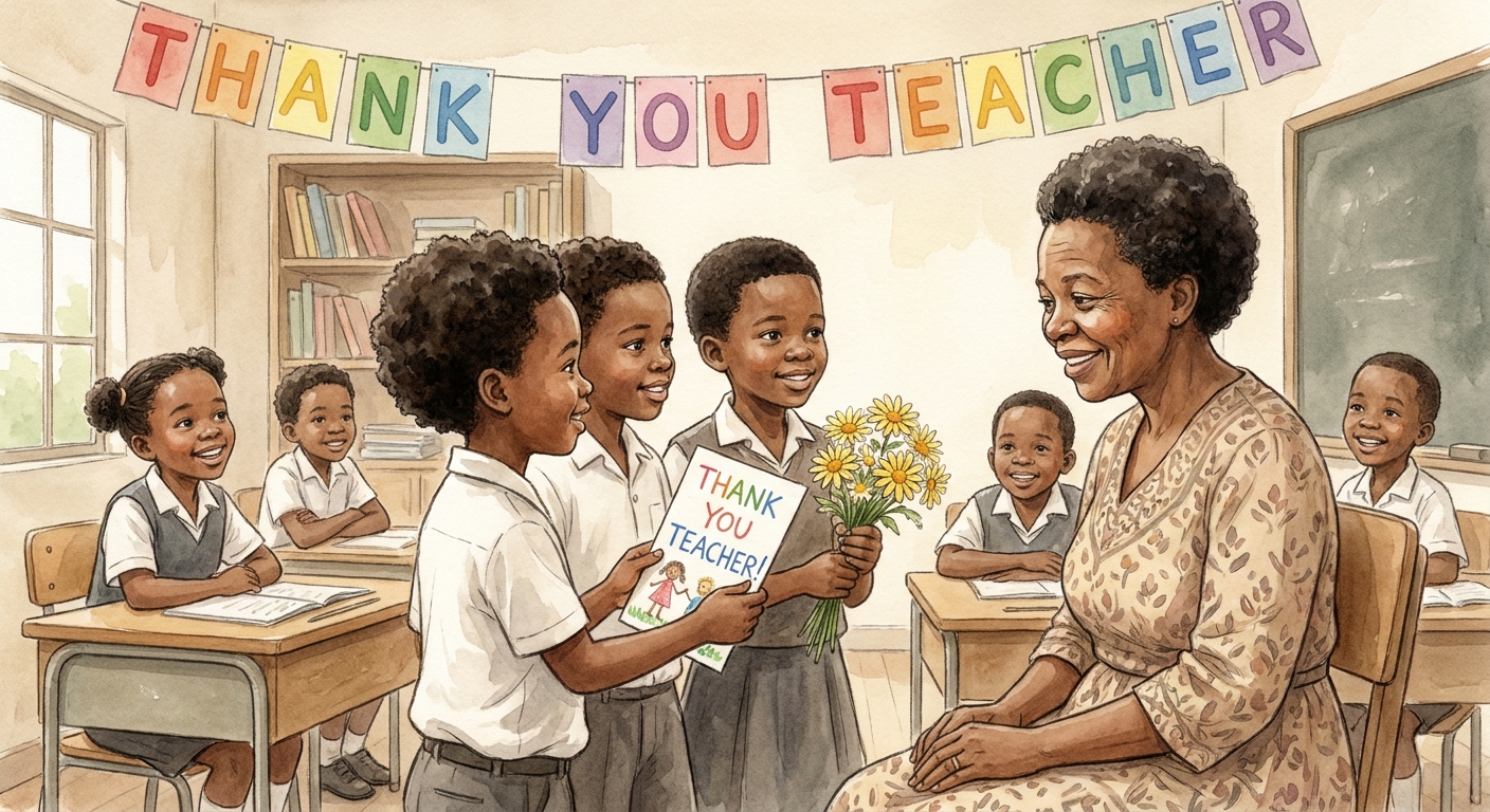 Children giving cards to their teacher