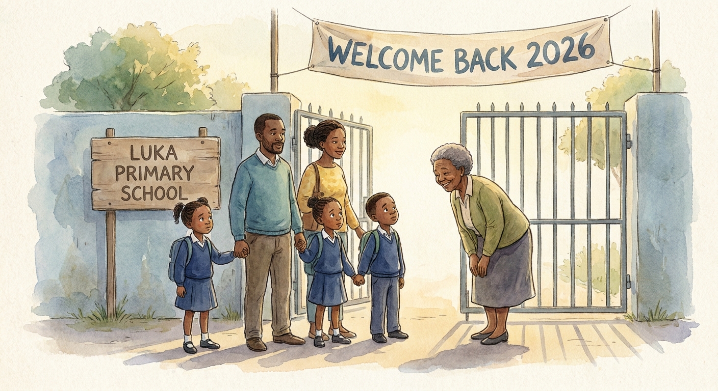 First day Grade 1 pupils arriving at the gate