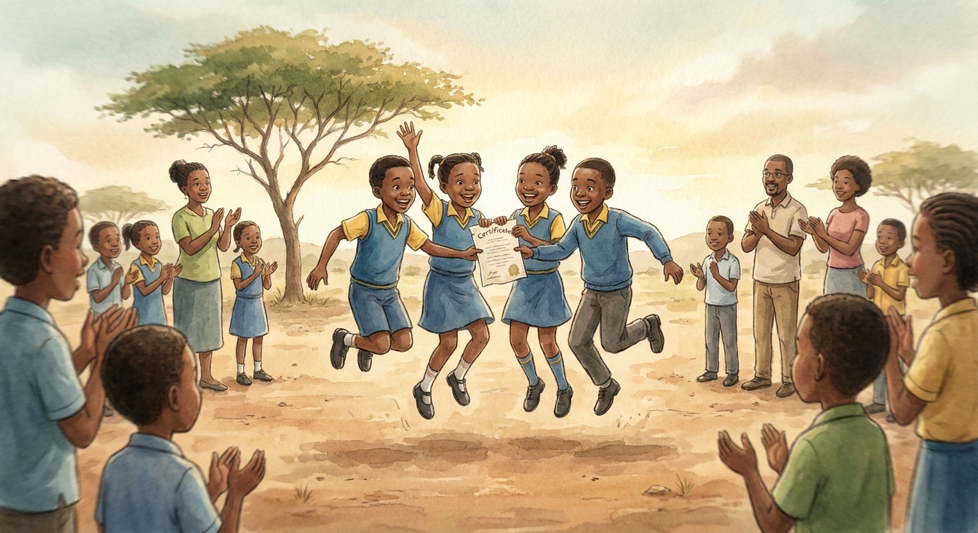 Pupils celebrating after winning a spelling bee