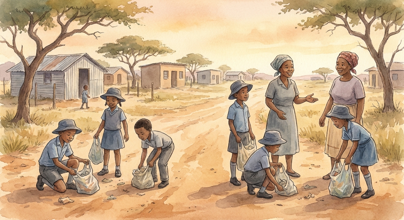 Grade 6 pupils picking up litter on the road